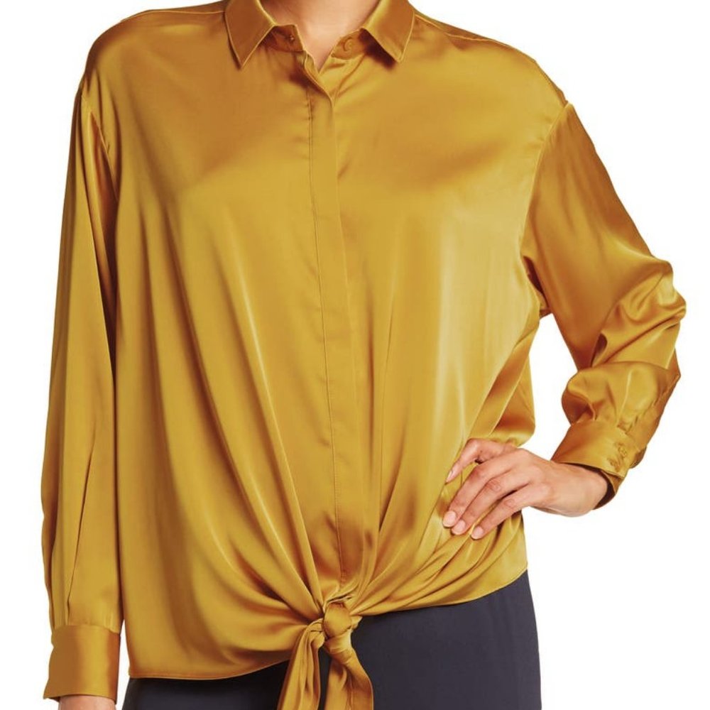 NWT WOMENS RONNY KOBO " TALIAH" MUSTARD TIE-FRONT BLOUSE SZ S *